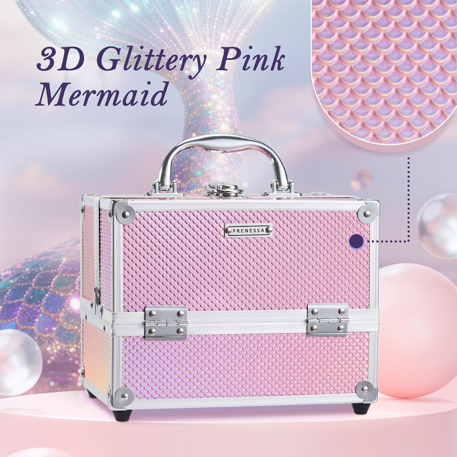 FRENESSA Mermaid Pink Portable Makeup Train Case Organizer with Locking Nail Kit - Image 6