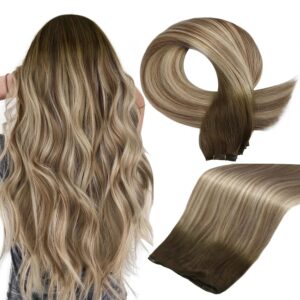 Full Shine 18 Inch Invisible Weft Hair Extensions Human Hair For Women Hand Tied Sew In Weft Hair Extensions 50G Blonde Sew In Silky Straight Hair