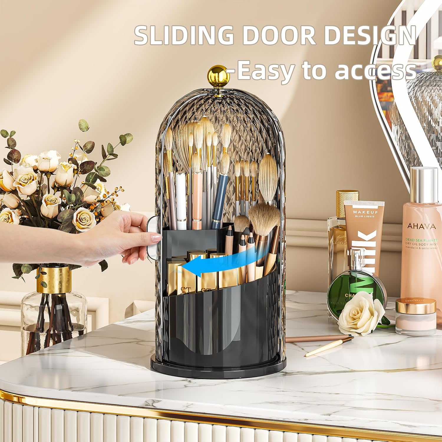 360 Rotating Makeup Brush Holder Organizer with Dustproof Lid for Vanity Black - Image 2