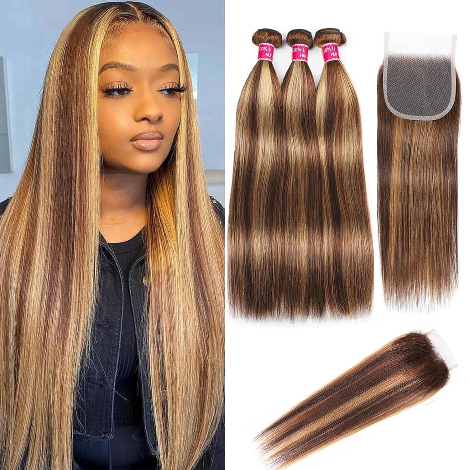 Honey Brown Ombre Human Hair Bundles with 4x4 Closure Soft Straight 3 Bundles 12 14 16 Inch - Image 8