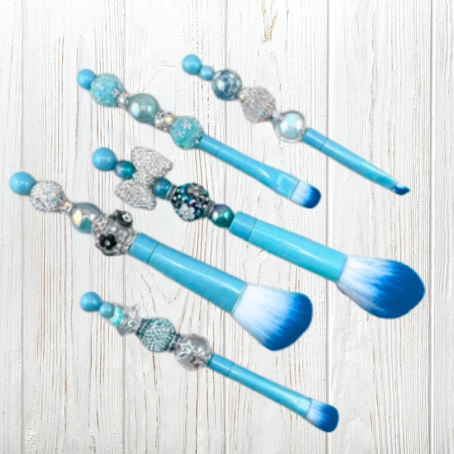 Blue Beadable Makeup Brush Set 5 Piece Cosmetic Tool Kit for DIY Crafting - Image 4