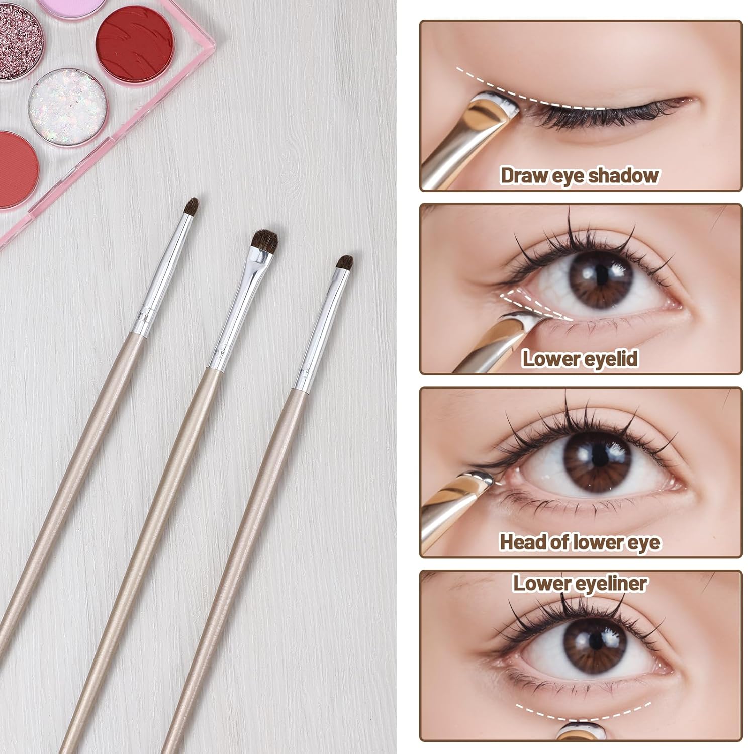 3 Pcs Flat Eyeliner Smudge Brush Set for Eyeshadow and Concealer Blending, Light Gold - Image 3