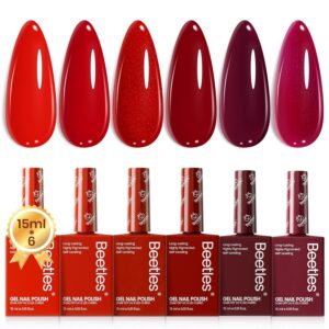 Beetles Red Gel Nail Polish Set-15ML 6 Colors Shimmer Bloody Red Burgundy Gel Polish Kit Soak Off UV Full Size Nail Polish Nail Art Salon Design DIY Gift for Women Colorful Bottle
