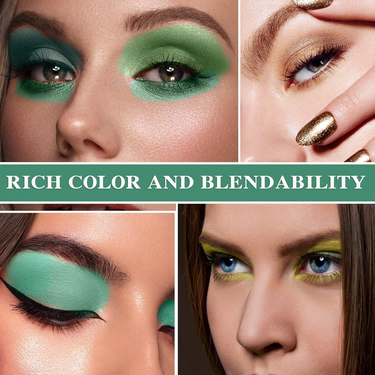 16-Color Green Shimmer Eyeshadow Palette Waterproof Matte Metallic Makeup Powder Set - Image 5