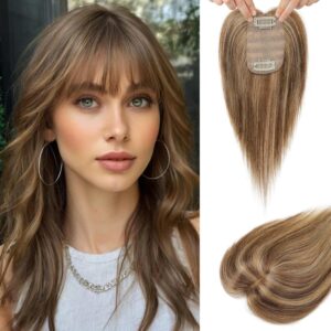 Flufymooz Real Human Hair Toppers for women, 10 Inch Clip in Bangs 100% Human Hair Toppers for Thinning Hair, Cover Hair Topper Hair Pieces with 150% Density Silk Base-Medium Brown with Blonde