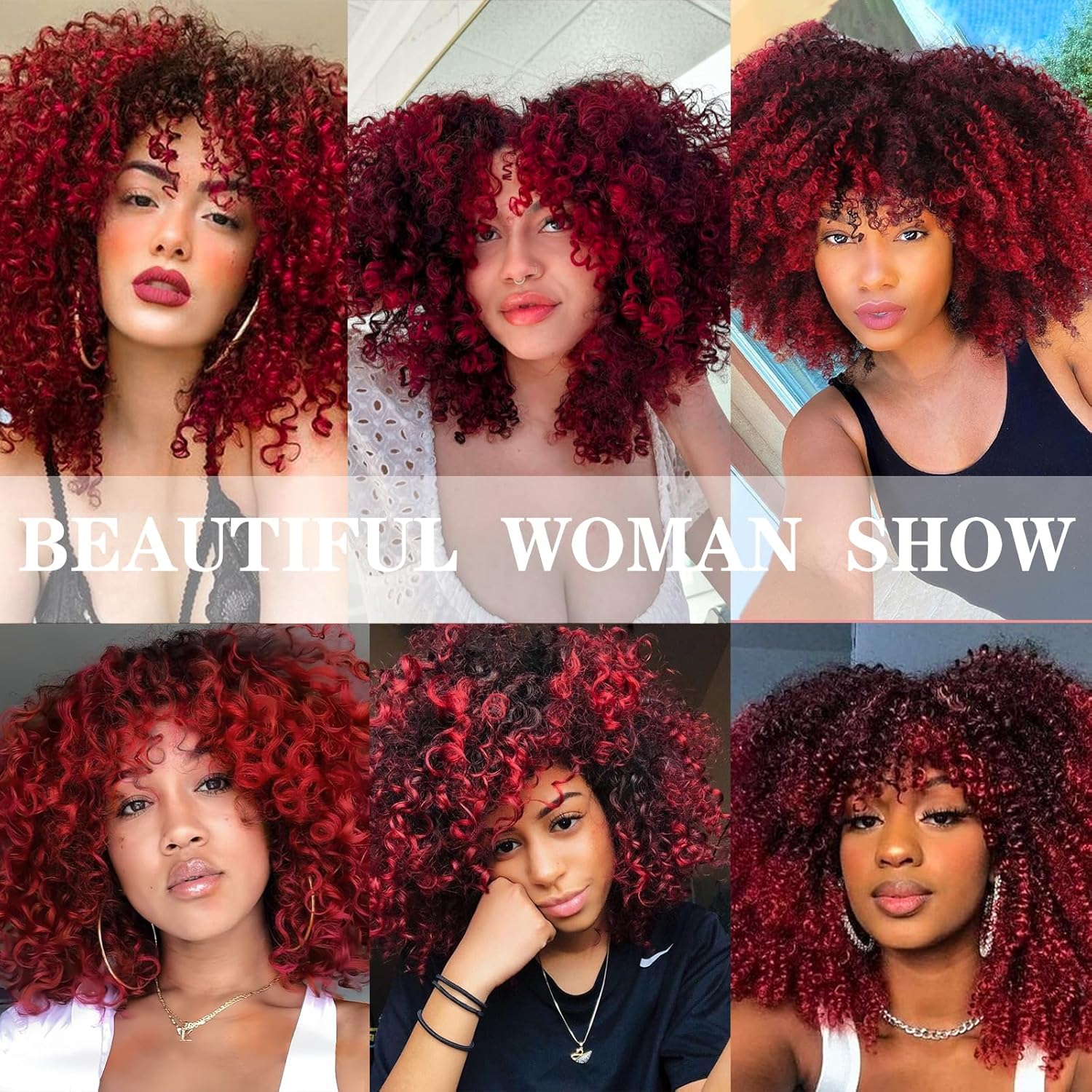 Xinran 14-Inch Kinky Curly Afro Wig Ombre Red with Bangs for Women - Image 2