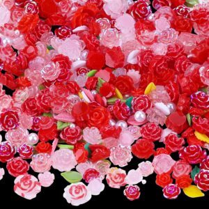 400 Pieces Camellia Flower Nail Charms for Acrylic Nails 3D Rose Floral Nail Gems Pink Leaf Nail Accessories White Pearls Nail Supplies for Women Nail Art Design (Red)
