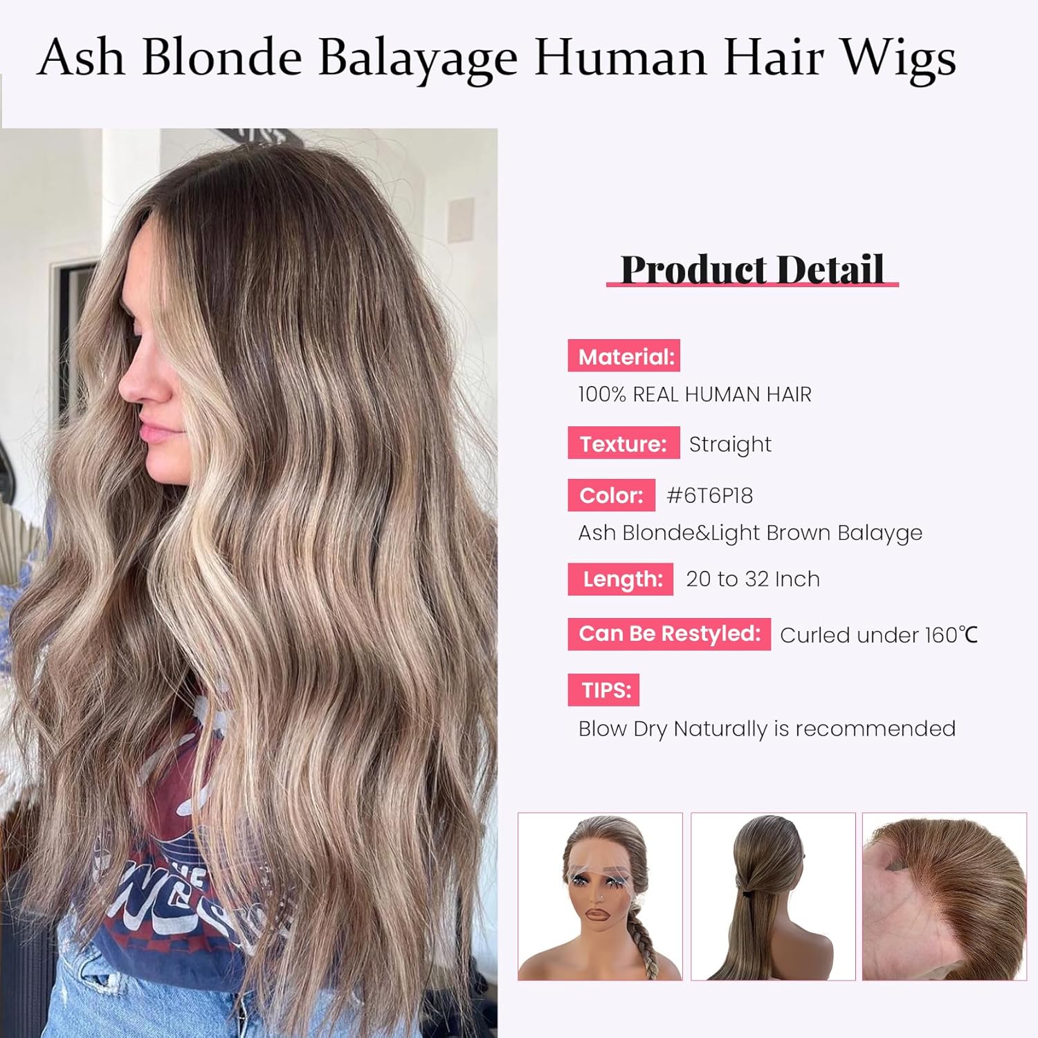Smartinnov 24-Inch Ash Blonde Human Hair Wig Balayage Highlights Lace Front 150% Density - Image 6