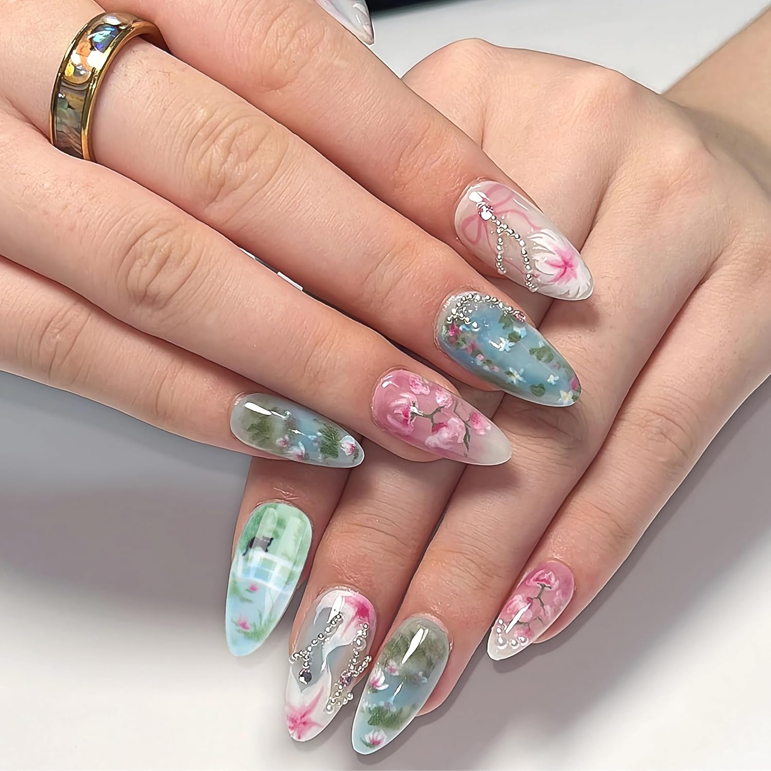 BABALAL Medium Blue Green Almond Stiletto Acrylic Press On Nails 24Pcs Bow Design - Image 2