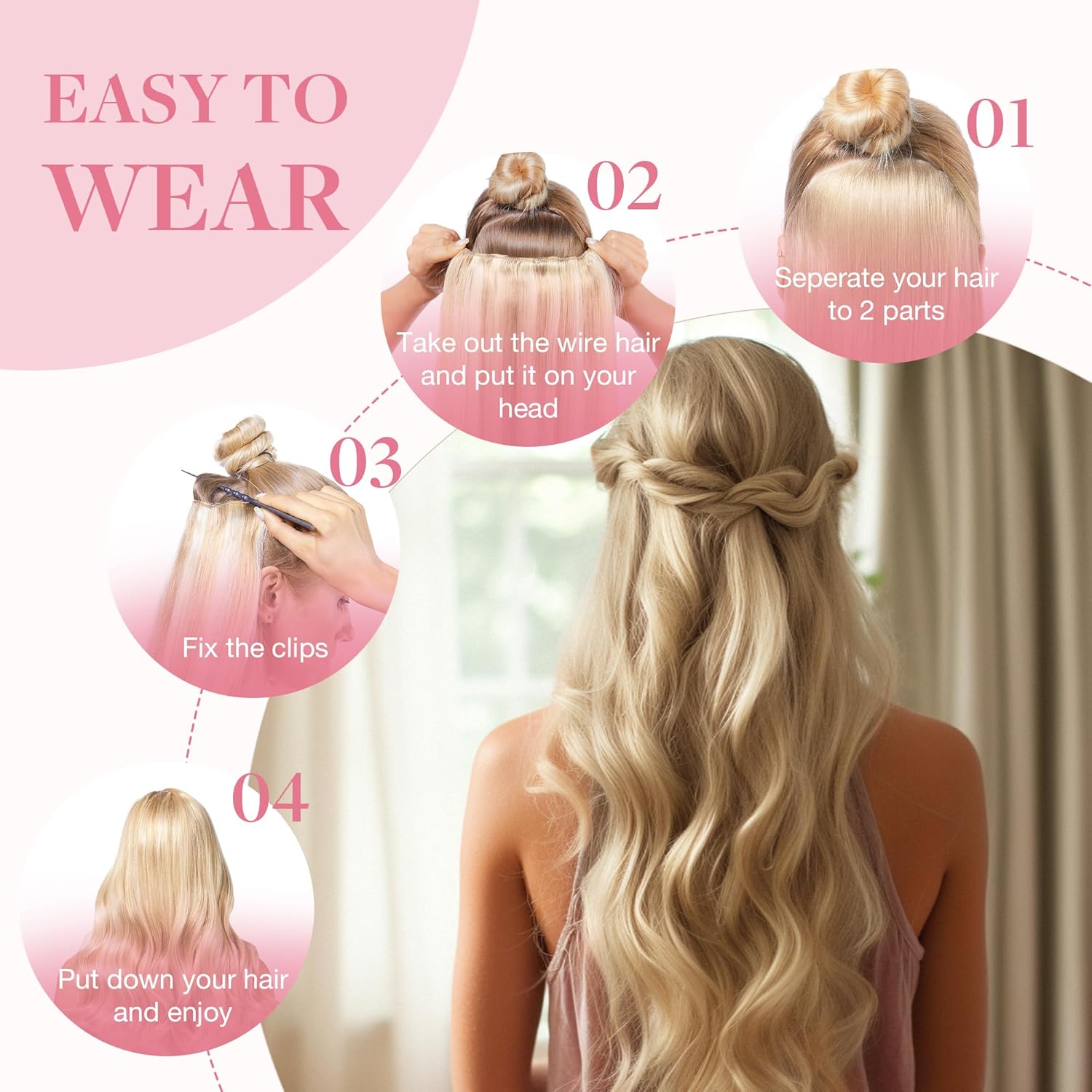 GOO GOO 12 Inch Invisible Wire Hair Extensions, 70g Human Hair in Light Blonde with Golden Highlights - Image 5