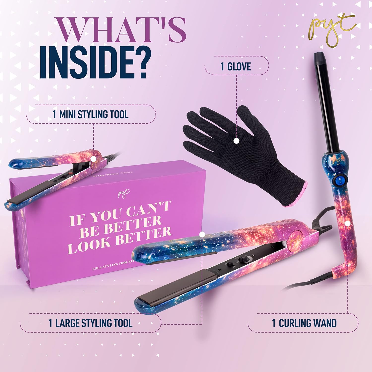 PYT Lola Tool Kit with 1.25 Flat Iron, 19mm Curling Wand, and Mini Straightener in Galaxy Design - Image 2