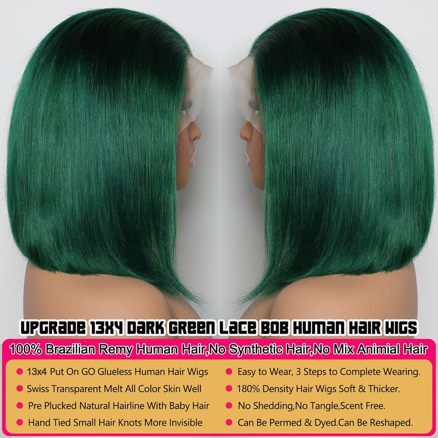 Glueless Dark Green Lace Frontal Bob Wig, Short Straight 14 Inch Human Hair, 180% Density - Image 6