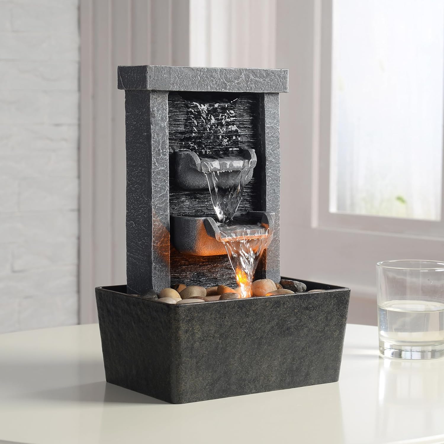 GOSSI 10.3 inch Indoor Waterfall Fountain with Reflective Lighting and River Rocks for Home and Office Decor - Image 4