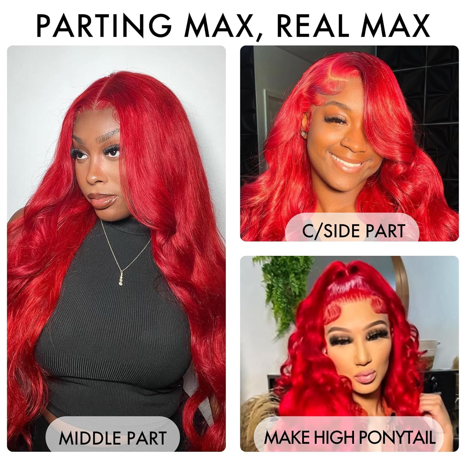 ELISHEVA 30 Inch Red Human Hair Lace Front Wig Pre Plucked 200% Density Body Wave - Image 3