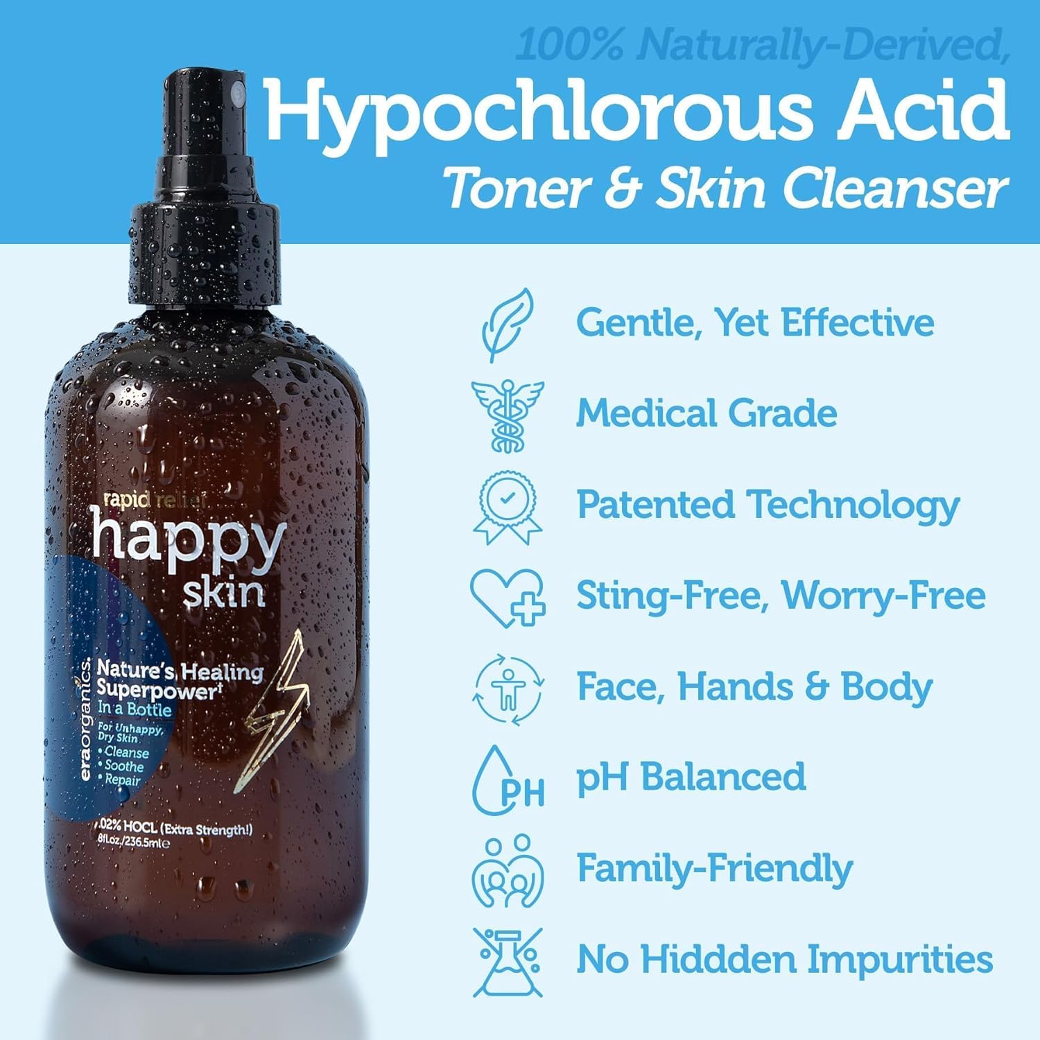 Happy Skin 2oz .02% Hypochlorous Acid Spray Toner for Face and Body Gentle Hydrating Cleanser - Image 2