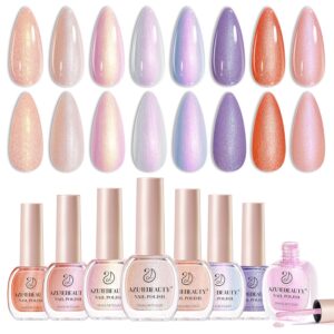 AZUREBEAUTY Pearl Shine Iridescent Shimmer Purple Violet Nude Coral Glitter Orange 8 Colors Nail Polish Set, Quick Dry, Perfect for Women Manicure Nail Art DIY Salon