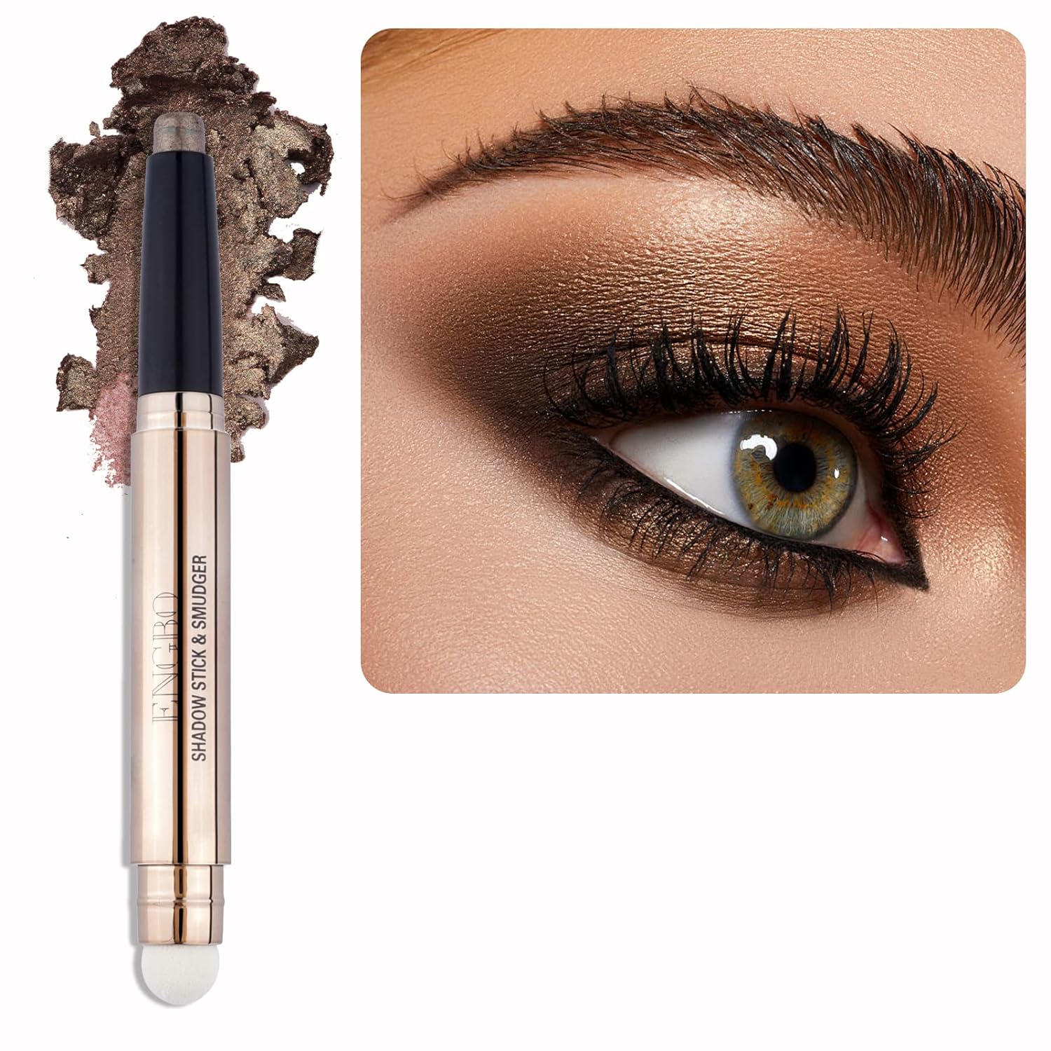 Cream Eyeshadow Stick, Brown Eyeshadow, Glitter Shimmer Eye Shadow Crayon with Soft Smudger, Long Lasting Waterproof Smoky Eye Makeup (07 Cocoa Shimmer)