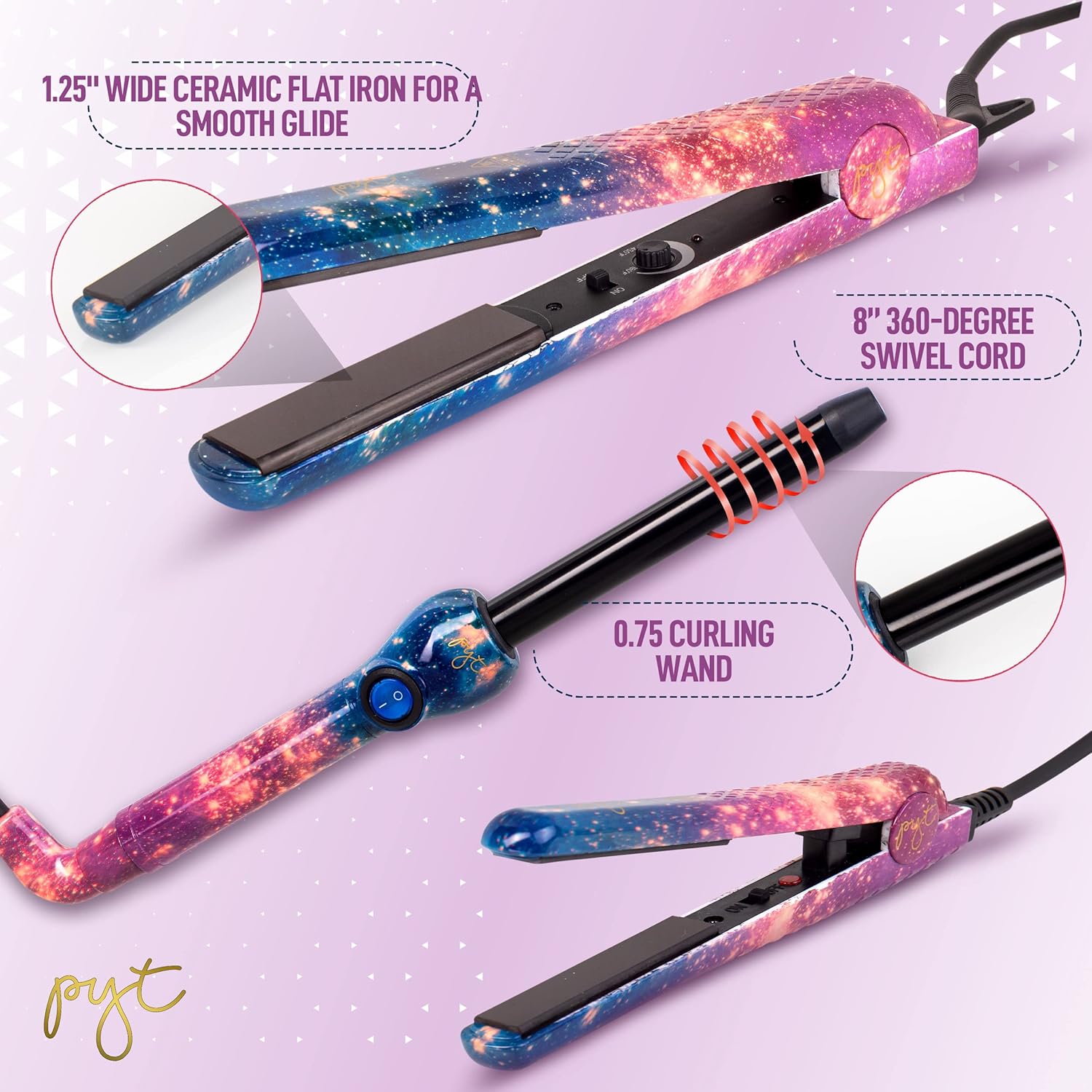PYT Lola Tool Kit with 1.25 Flat Iron, 19mm Curling Wand, and Mini Straightener in Galaxy Design - Image 3