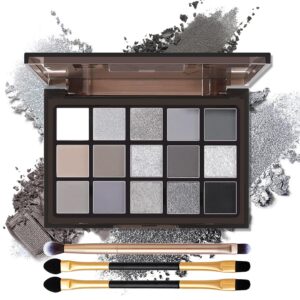 CAHIUYOA 15 Colors Black Grey Smoky Eyeshadow Palette Dark Grey Silver Metallic Matte Halloween Goth Makeup Palette,High Pigmented Shimmer Eye Shadow Makeup Palette Kit with 3 Eyeshadow Brushes