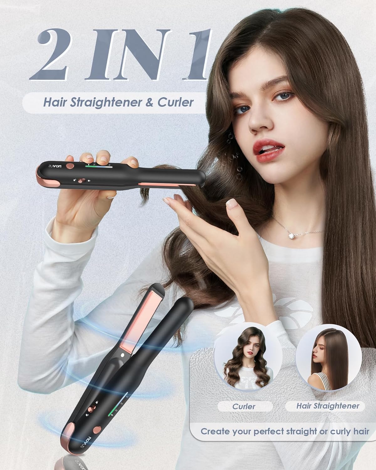 NOVUS Portable Cordless Mini Hair Straightener Curler 2-in-1 USB Rechargeable for Fine Short Hair, Compact Size - Image 2