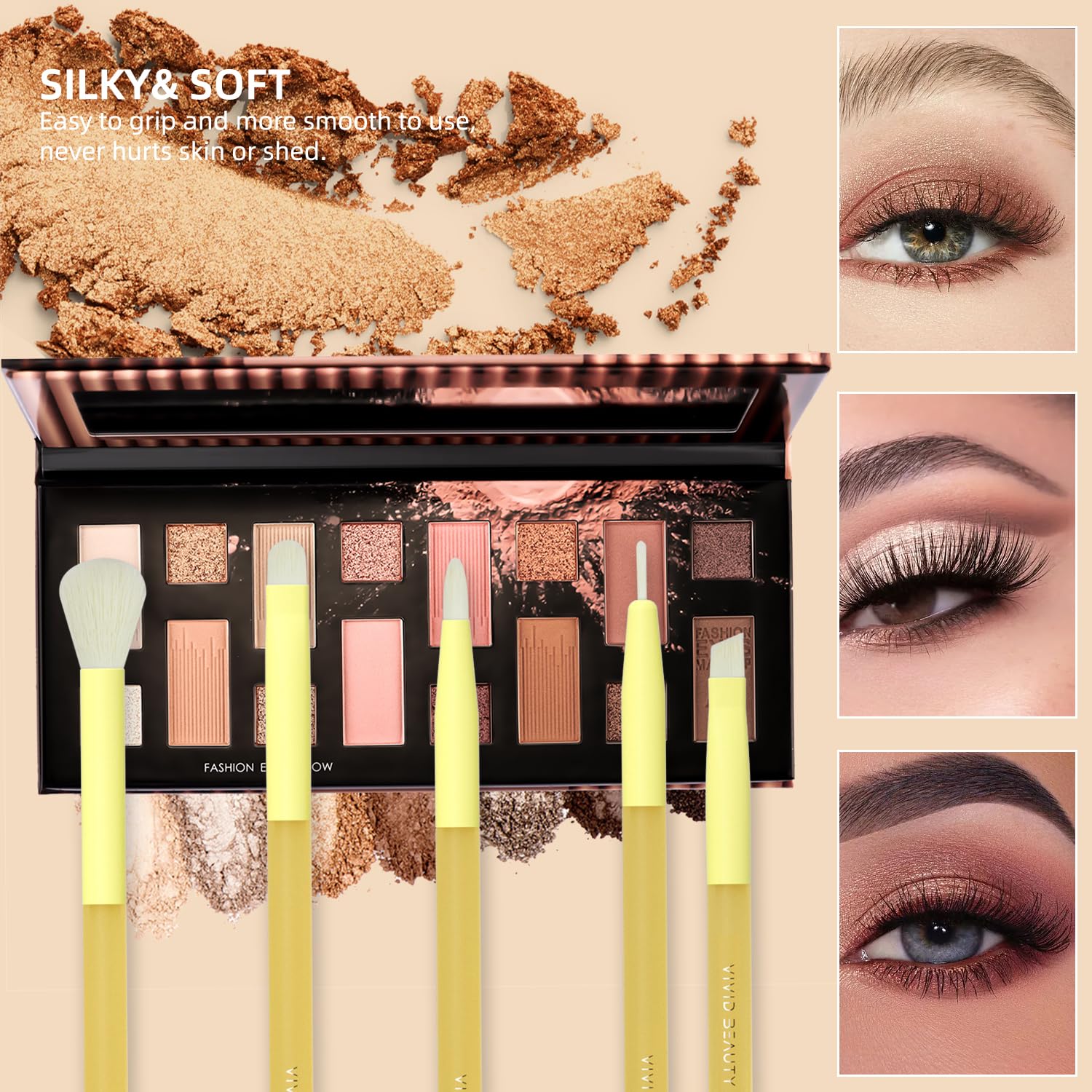5pc Yellow Eye Makeup Brush Set Soft Fiber Rubber Handles - Image 4