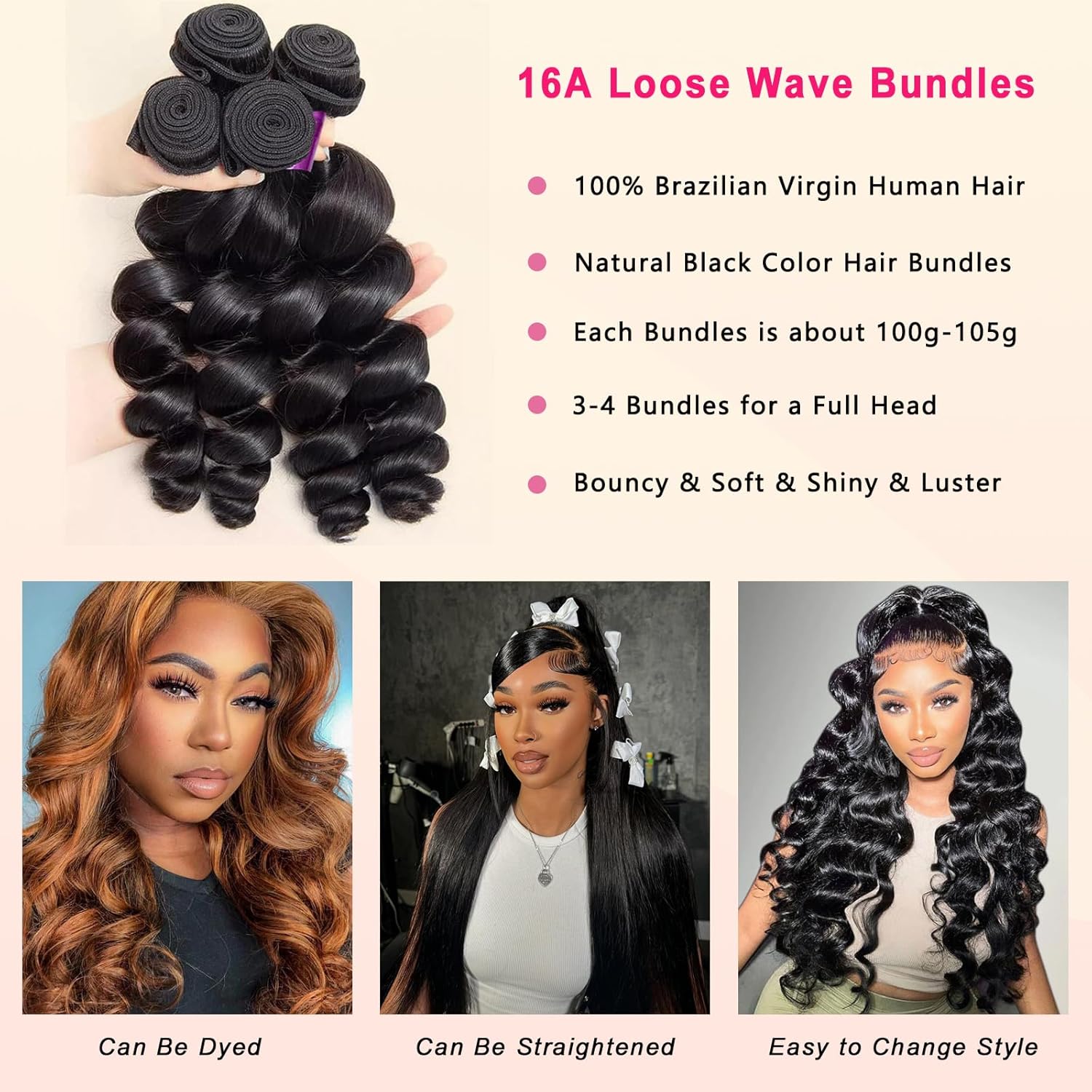 Beauty Queen 18 Inch Loose Wave 3 Pack 100% Unprocessed Brazilian Virgin Human Hair Bundles - Image 4