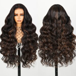 TESLAL P1B/30 Highlight Wear and Go Glueless Pre Cut Lace Body Wave 6X6 HD Lace Wig Premium Fiber Hair and Human Hair Blend Wig By Crafted Technology 260% Density 22 Inch