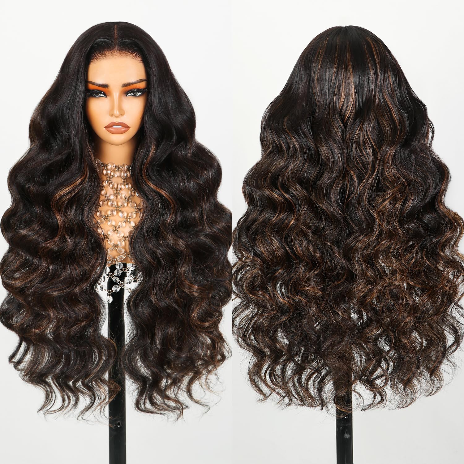 TESLAL P1B/30 Highlight Wear and Go Glueless Pre Cut Lace Body Wave 6X6 HD Lace Wig Premium Fiber Hair and Human Hair Blend Wig By Crafted Technology 260% Density 22 Inch