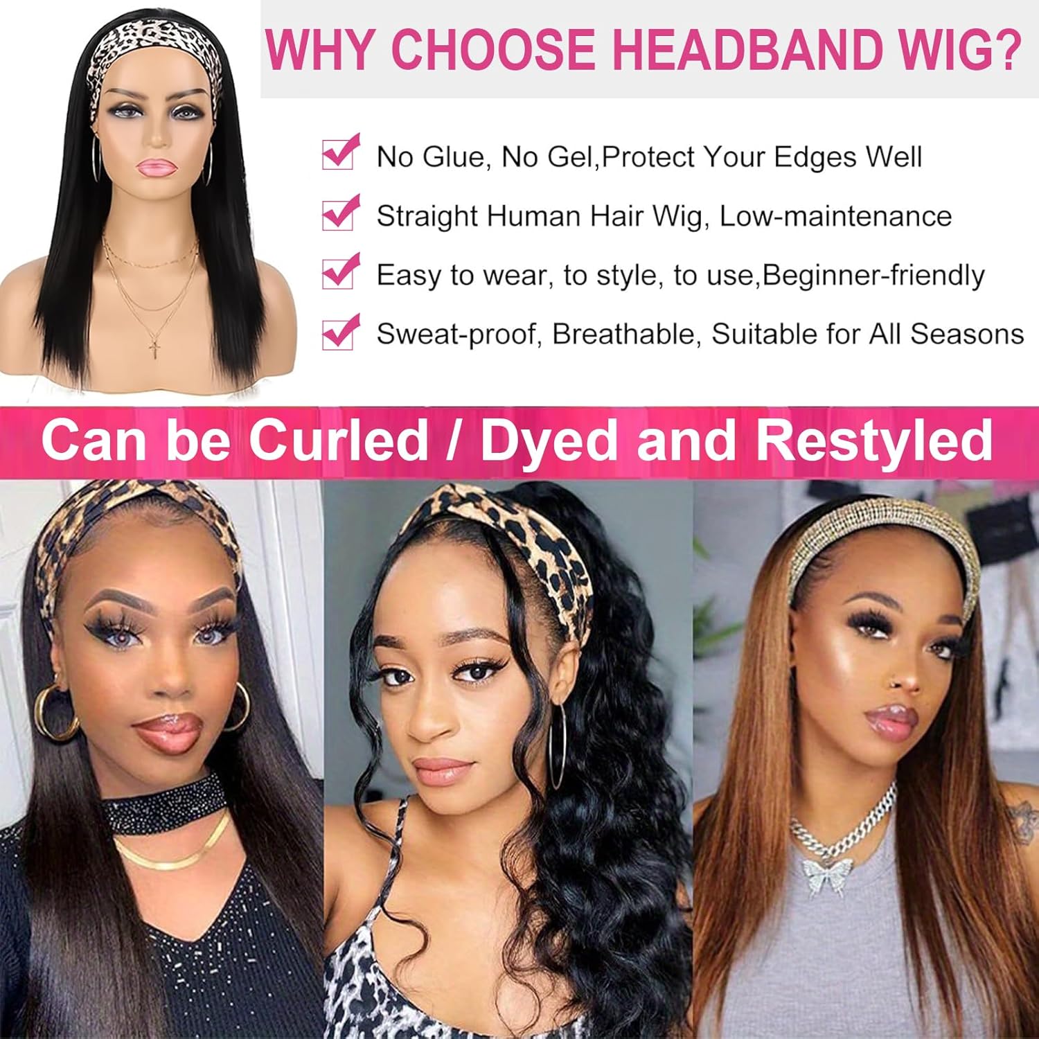 20 Inch Straight Brazilian Virgin Human Hair Headband Wig for Black Women, 150% Density - Image 4