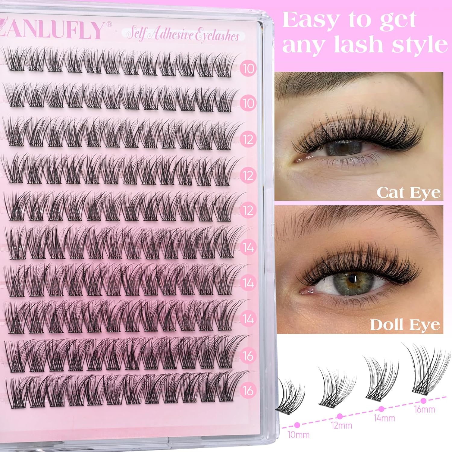 Zanlufly C-Curly 10-16MM Wispy Cluster Self Adhesive Pre-Glued Eyelashes - Image 3
