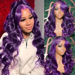 YMS Purple Lace Front Wigs Human Hair 200% Density Human Hair Wigs for Women Body Wave 13x4 Transparent Lace Frontal Wig Pre Plucked 26 Inch Colored Gluless Wig Bleached Knots