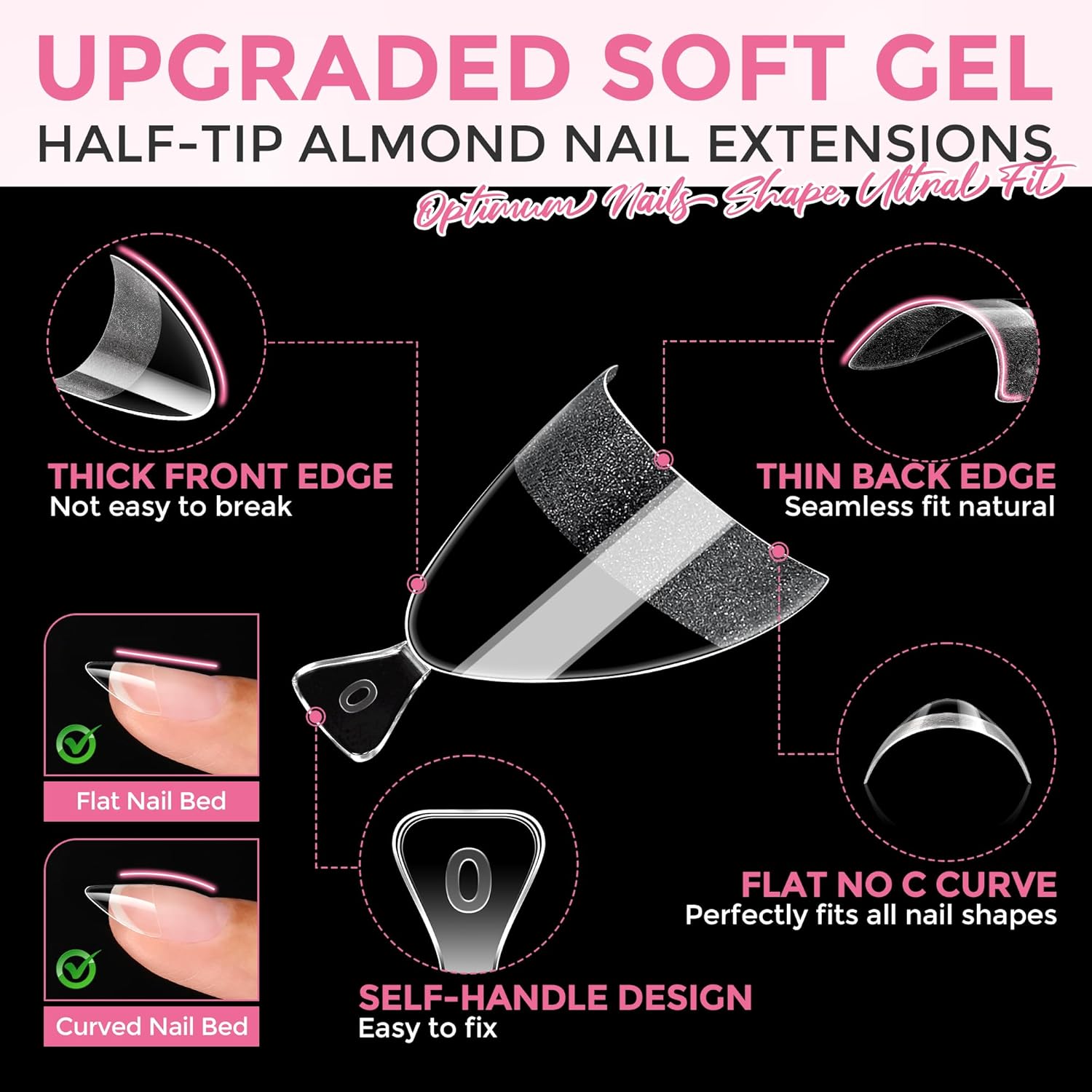504PCS Short Almond Nail Tips in 12 Sizes, Half-matte Clear Soft Natural Fake Nails for DIY Manicure - Image 3