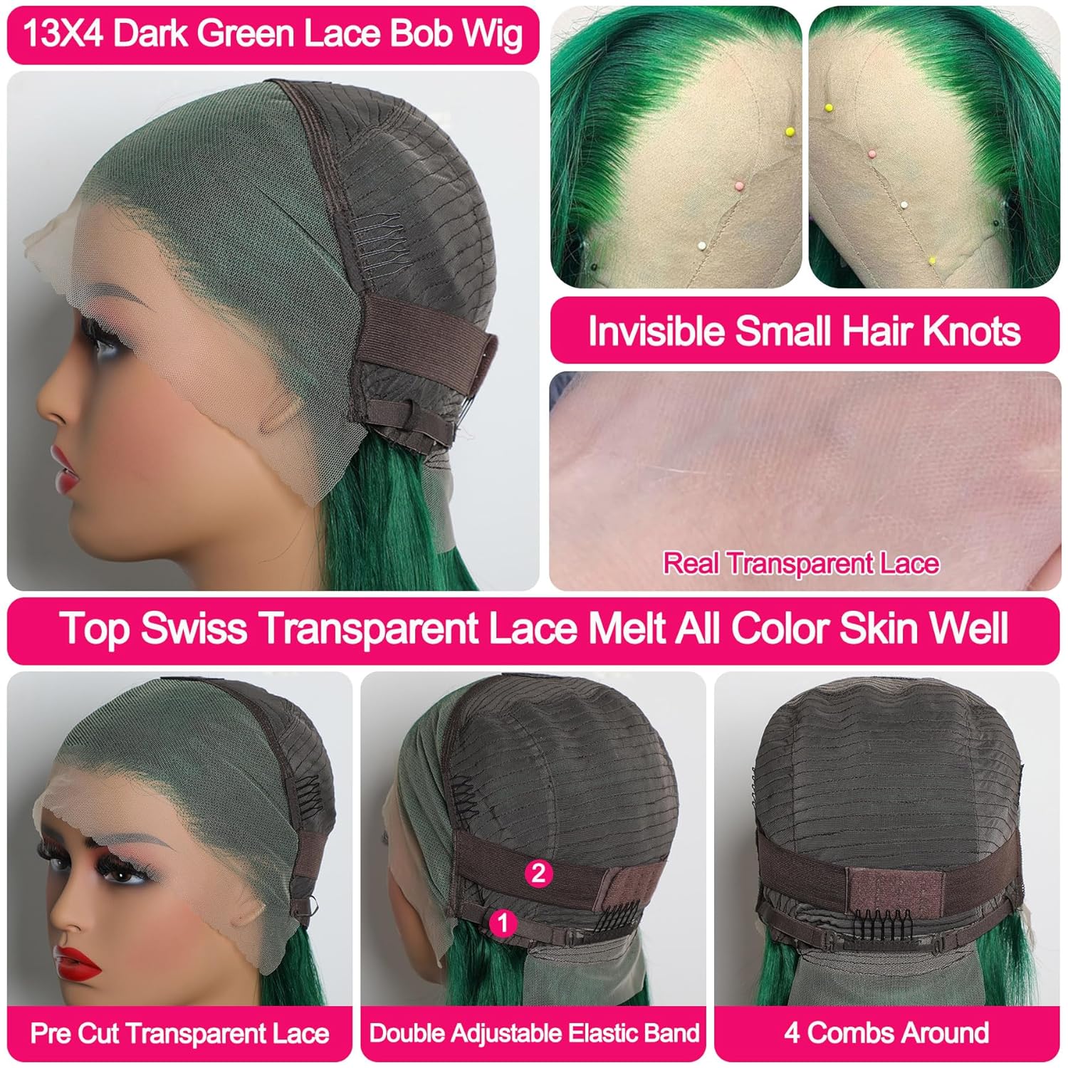 Glueless Dark Green Lace Frontal Bob Wig, Short Straight 14 Inch Human Hair, 180% Density - Image 8