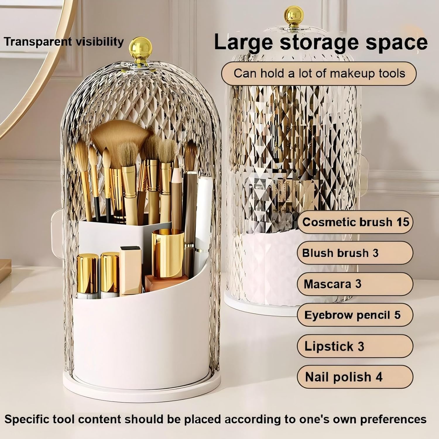 White 360 Rotating Makeup Brush Holder with Lid, Waterproof Vanity Storage Box - Image 4