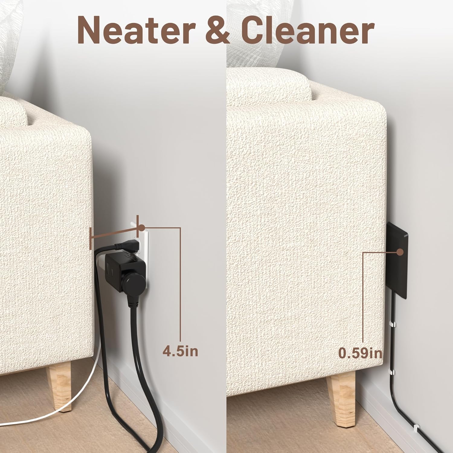 Flat Plug Extension Cord 3FT with Ultra Thin Outlet Concealer and 3 Outlet Power Strip in Black - Image 2