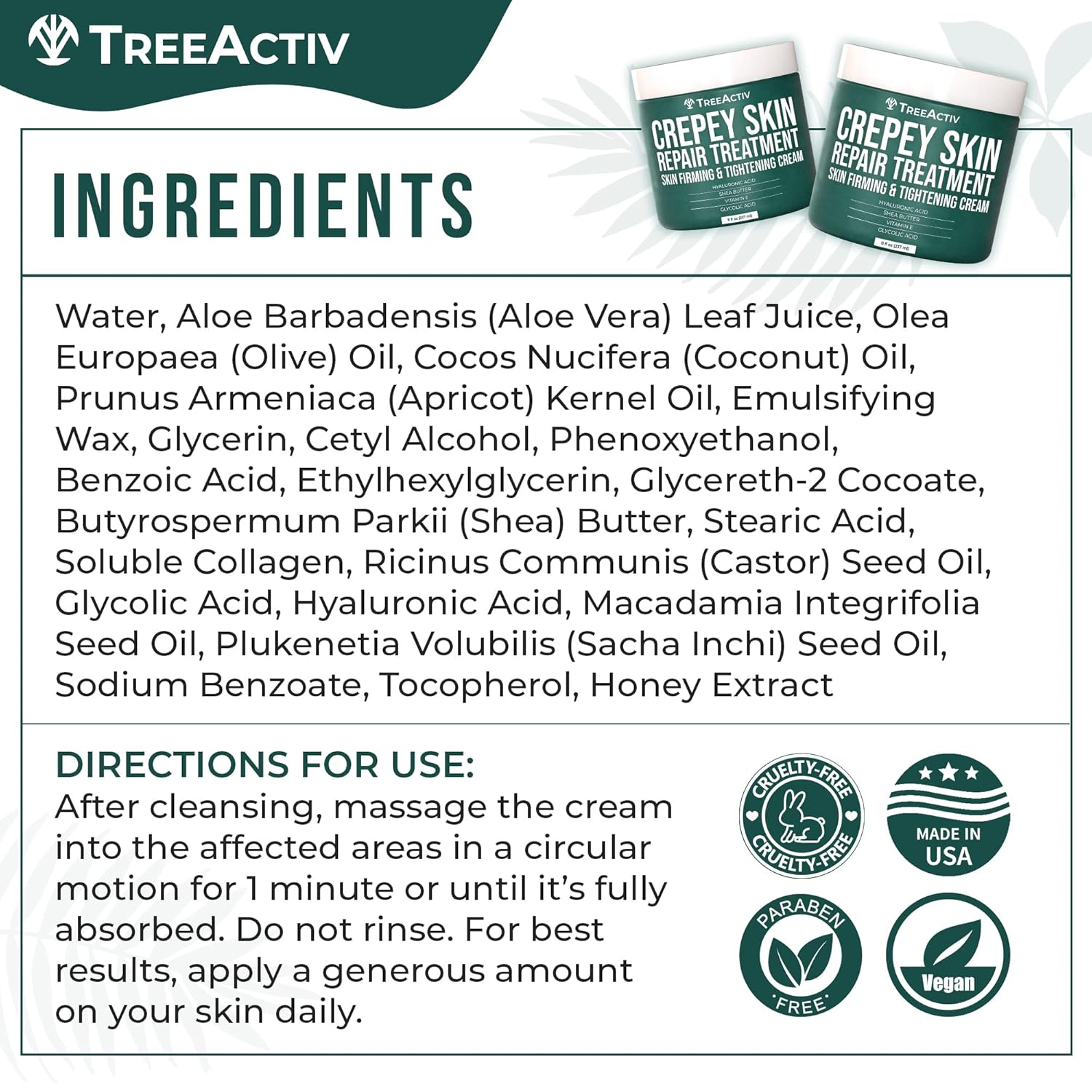 TreeActiv 8oz Firming Cream with Hyaluronic Acid and Shea Butter for Crepey Skin Repair - Image 3