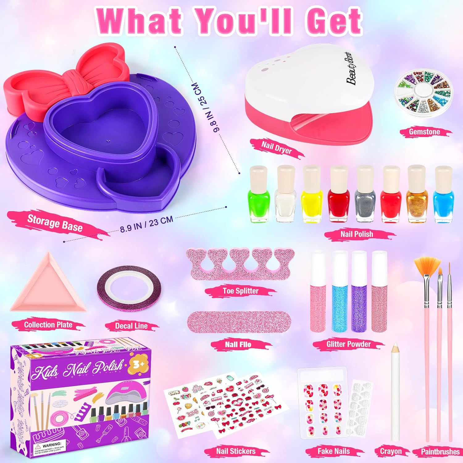 Water-Based Non-Toxic Kids Nail Polish Kit with Dryer for Ages 7-12, Includes Nail Art Salon - Image 7