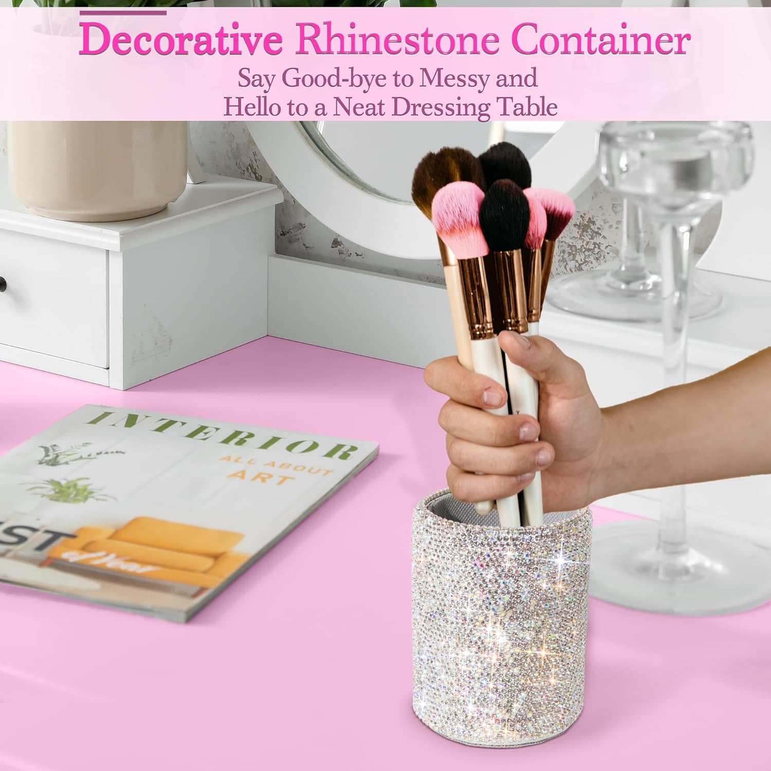TISHAA Bling Cup Holder Organizer for Office Desk – Rhinestone Glitter Makeup Brush Storage Container - Image 5