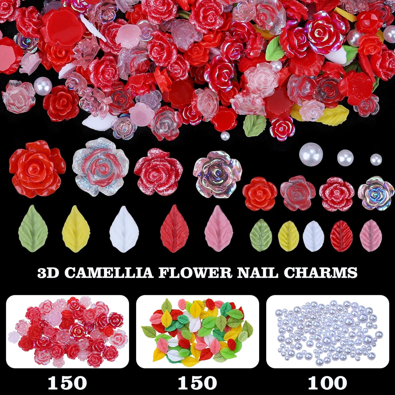 400 Pieces Red Camellia Flower Nail Charms with White Pearls for Nail Art Design - Image 2