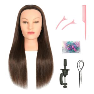 FUTAI Brown 28 Inch 100% Human Hair Mannequin Head with Table Clamp Stand for Hairdresser Practice Braiding Styling Manikin Cosmetology Doll Training Head Bleaching Dyeing Curling Cutting Display