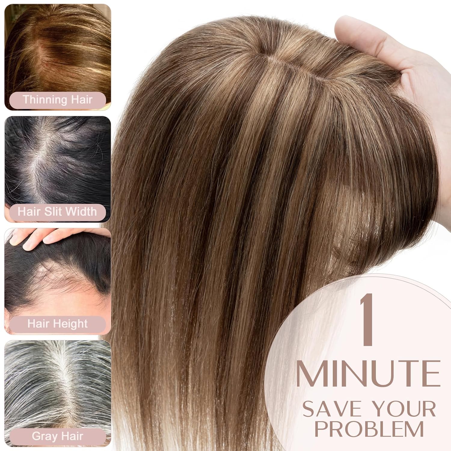 Chocolate Brown & Light Brown Human Hair Topper with Bangs 2.75x5.1 Inch Silk Base - Image 3