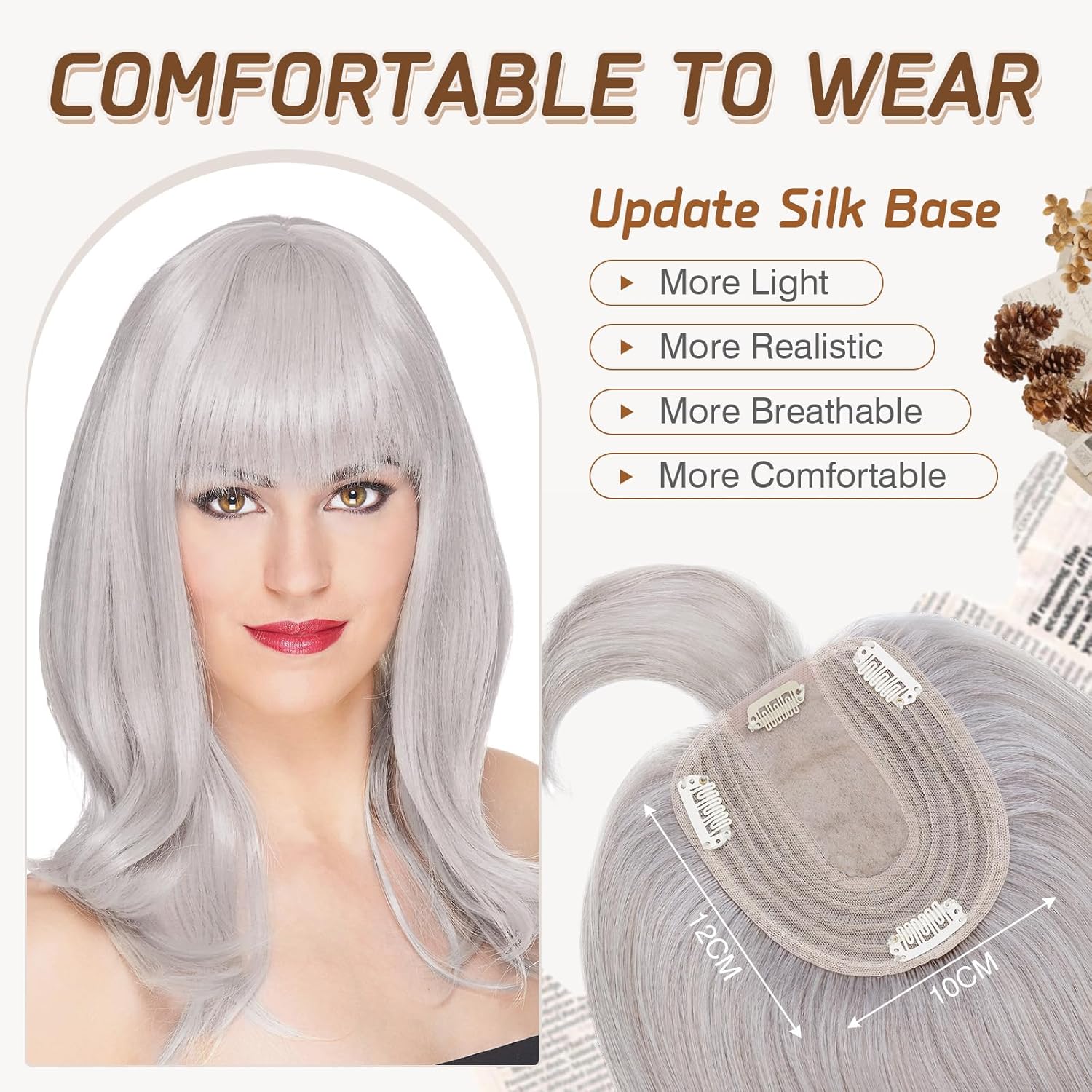 12 Inch Grey Real Human Hair Topper with Bangs for Thinning Hair - Image 2