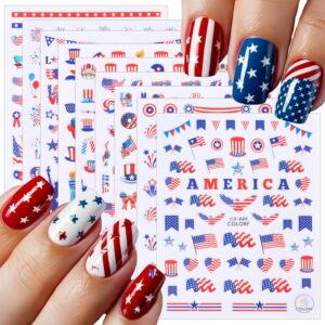 Independence Day Nail Art Stickers America Flag Nail Decals Star with Design Eagle Fireworks 4th July Nails Stickers Self Adhesive Patriotic Nail Supplies for Women Girls DIY Accossories 8Sheets