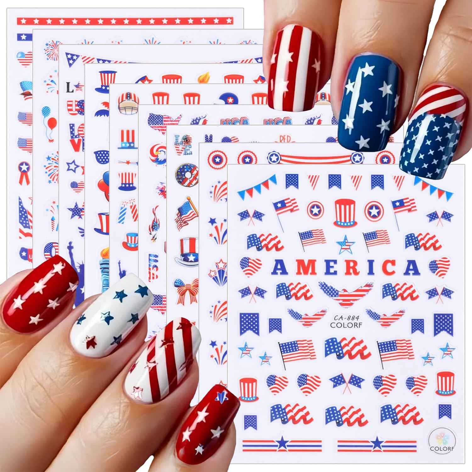 Independence Day Nail Art Stickers America Flag Nail Decals Star with Design Eagle Fireworks 4th July Nails Stickers Self Adhesive Patriotic Nail Supplies for Women Girls DIY Accossories 8Sheets