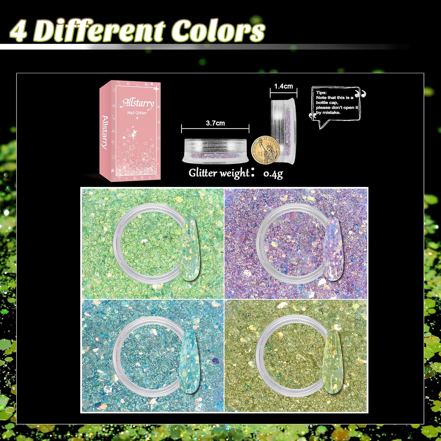 Allstarry 4-Color Nail Glitter Set, Ultra-Thin Iridescent Flakes for Professional Nail Art and DIY Projects - Image 3