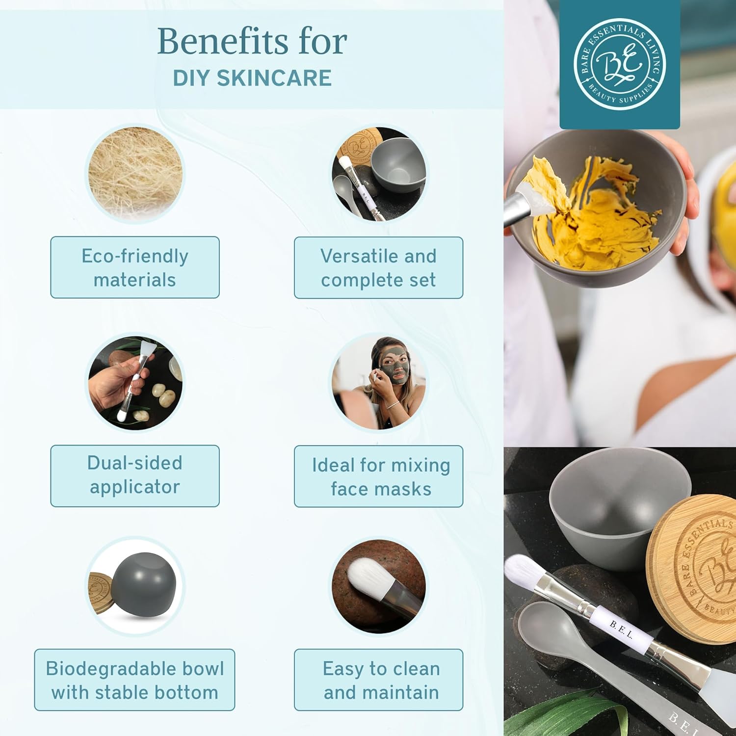 DIY Facial and Hair Mask Mixing Bowl Set with Bamboo Lid, Spoon, and Dual-Sided Brush - Image 3