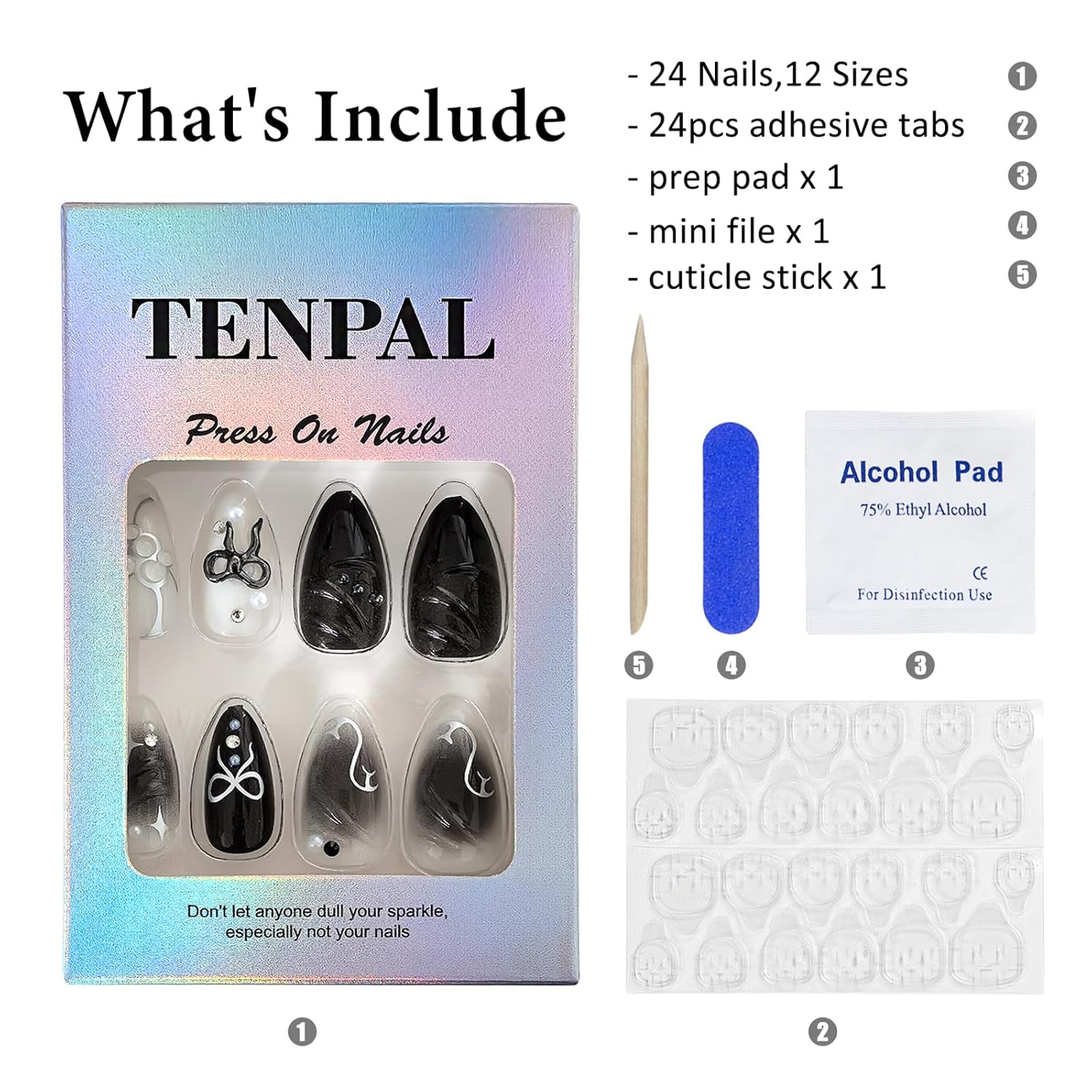 Goth Edgy Almond Press on Nails 24pcs with 3D Bow and Silver Star Embellishments - Image 9