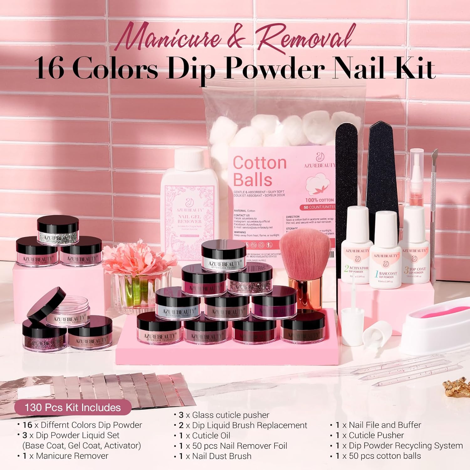 AZUREBEAUTY 16-Color Glitter Pink Dip Powder Nail Kit with Top Base Coat and Remover, 1 oz - Image 6