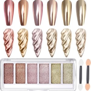 Gold Chrome Nail Powder, DRMODE 6 Colors Metallic Mirror Effect Pink Champagne Nail Chrome Powder, Rose Gold Light Purple Chrome Powder for Nails Pigment Glitter Dust with Applicator for Salon DIY