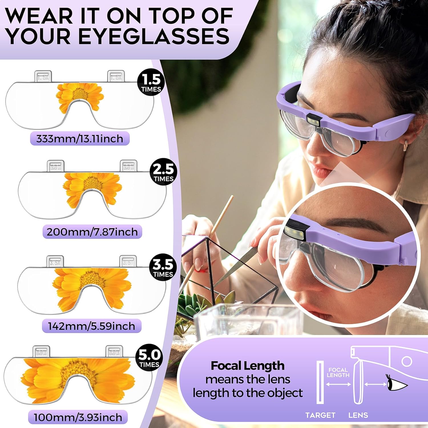 Rechargeable Magnifying Lamp with 4 Detachable Lenses and 1.5X to 5.0X Magnification - Image 2